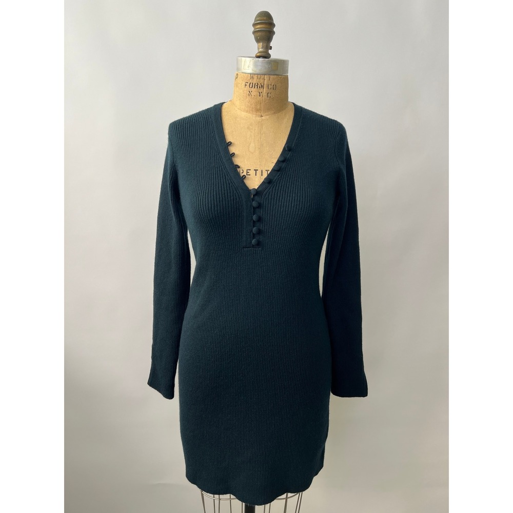 Club Monaco Womens Ribbed Wool Blend V-Neck Henley Sweater Dress Green Small